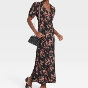 Women's Crepe Puff Short Sleeve Maxi Dress - A New Day, Black Brown Floral
